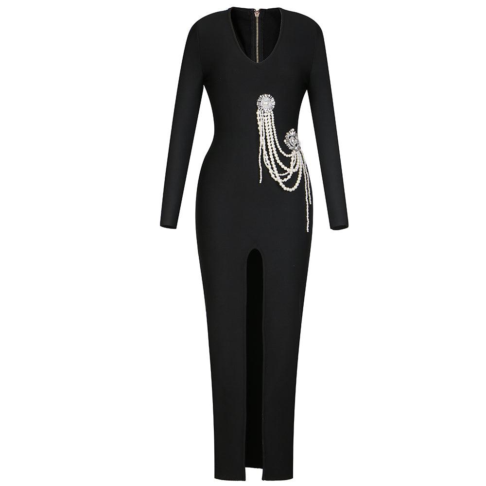 Rose Scoop Neck Pearl Embellishment Front Slit Maxi Dress