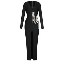 Rose Scoop Neck Pearl Embellishment Front Slit Maxi Dress
