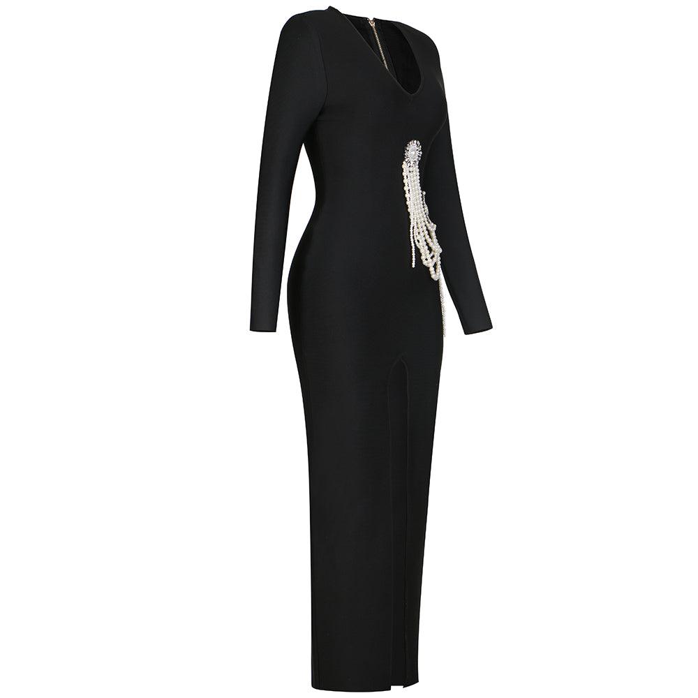 Rose Scoop Neck Pearl Embellishment Front Slit Maxi Dress
