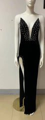 Sophia Embellished Rhinestone High Slit Maxi Velvet Dress