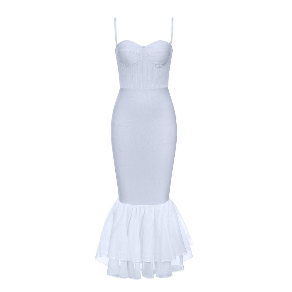 Paget Contrast Mesh Mermaid Hem Bustier Midi Dress