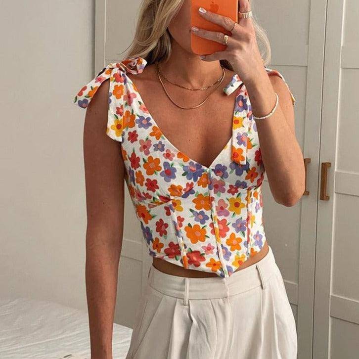 Arci Allover Floral Print V Neck Crop Top