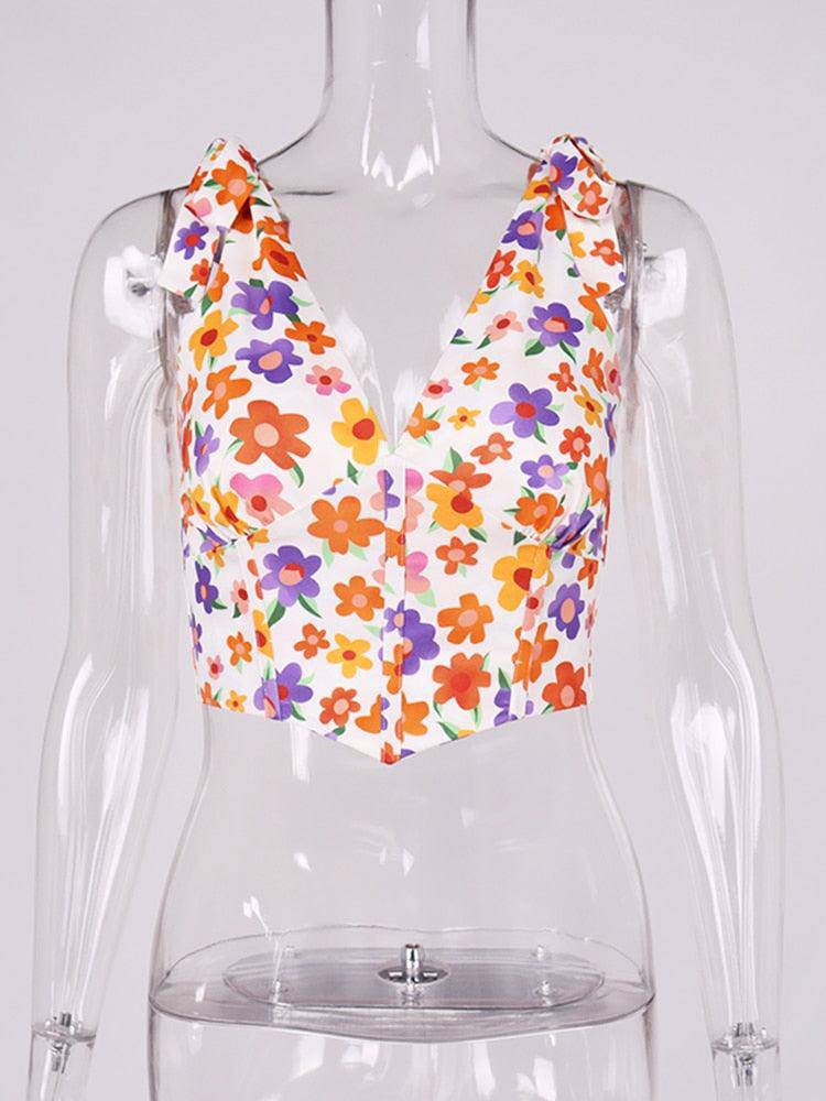 Arci Allover Floral Print V Neck Crop Top