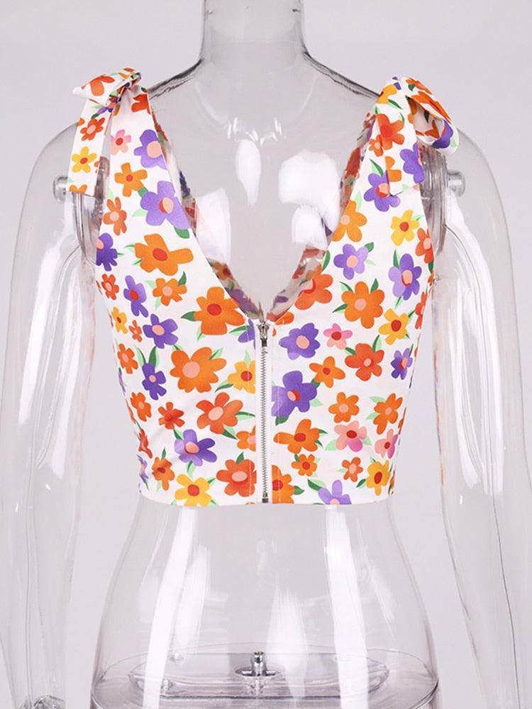 Arci Allover Floral Print V Neck Crop Top