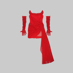 Eleanor Red Pearls with Gloves Mini Cocktail Dress