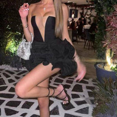 Ginny Mesh V Neck Ruffles Mini Dress