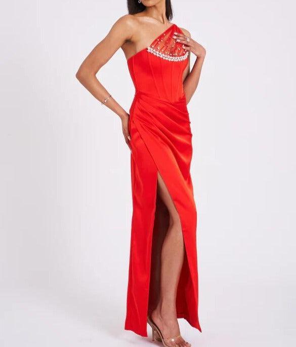 Kasey Crystal Embellished Mesh Satin Corset Gown