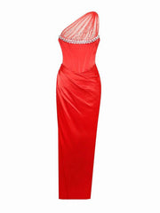 Kasey Crystal Embellished Mesh Satin Corset Gown