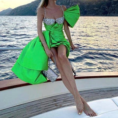 Lacey Strappy Crystals Beaded Green Satin Asymmetrical Dress