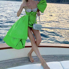 Lacey Strappy Crystals Beaded Green Satin Asymmetrical Dress