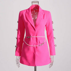 Eliza Notched Collar Long Sleeve Patchwork Chain Dress