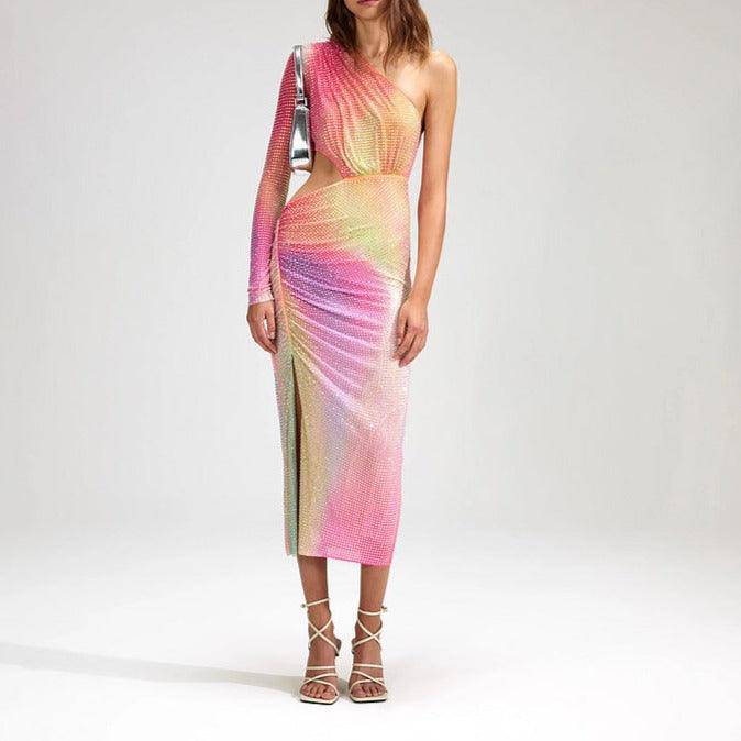 Glenda Rainbow One Shoulder Cut Out Waist High Slit Midi Dress