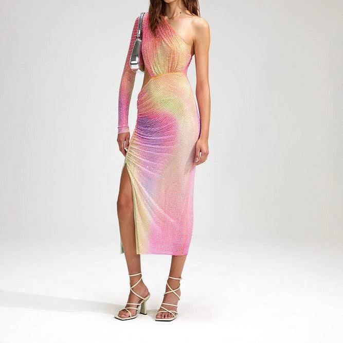 Glenda Rainbow One Shoulder Cut Out Waist High Slit Midi Dress