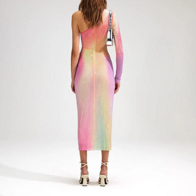 Glenda Rainbow One Shoulder Cut Out Waist High Slit Midi Dress