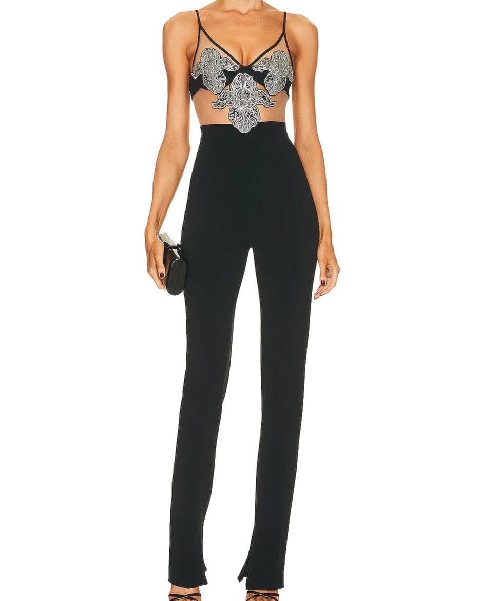 Jamie Sleeveless Spaghetti Strap Crystal Flower Embroidered Jumpsuit