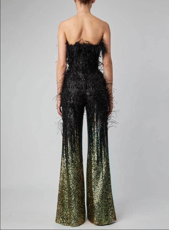 Kelsey Feather Trimmed Sequined Jumpsuit