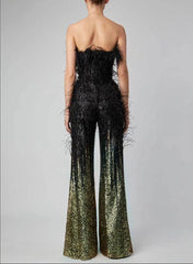 Kelsey Feather Trimmed Sequined Jumpsuit