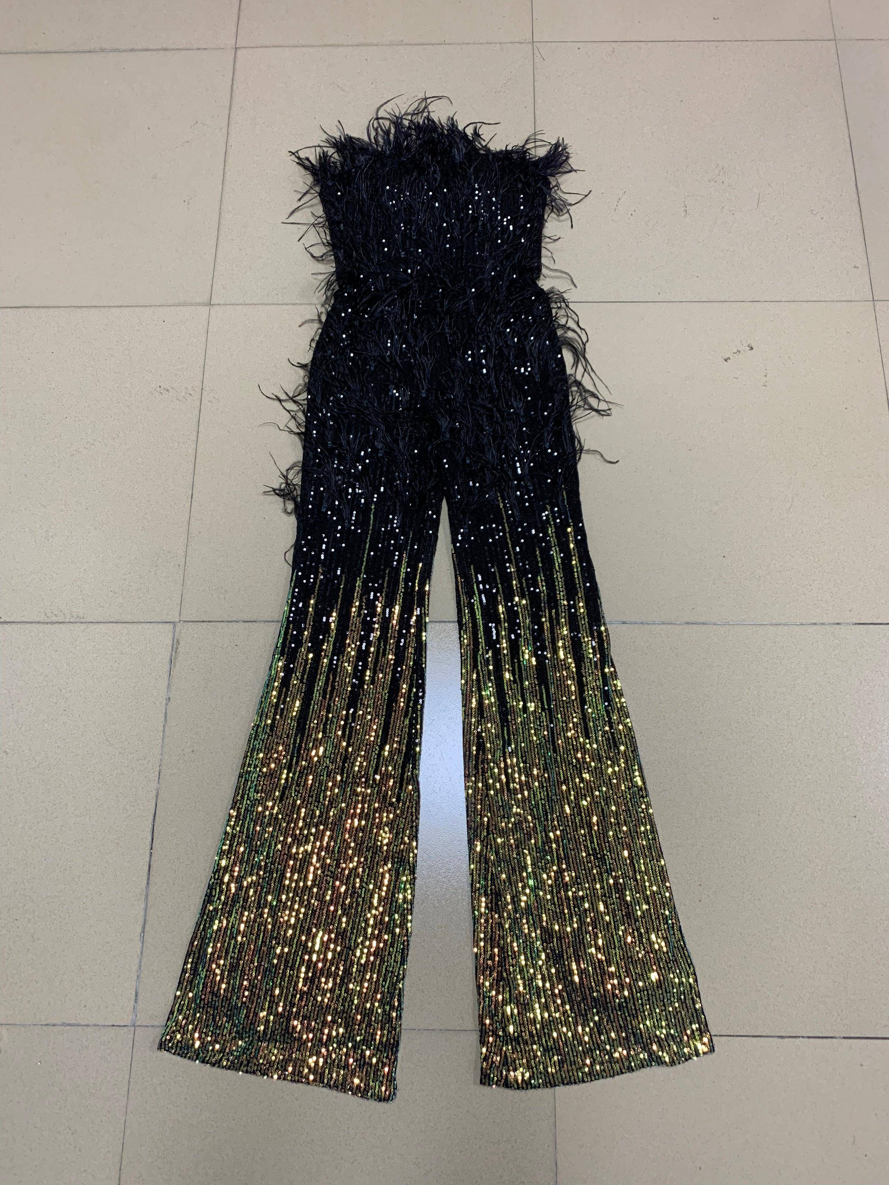 Kelsey Feather Trimmed Sequined Jumpsuit