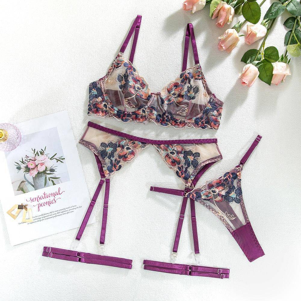 Margaret 5 Piece Transparent Lace Floral Lingerie Set