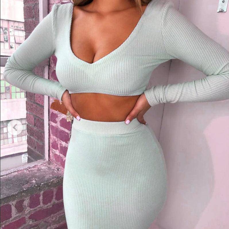 Miya Long Sleeve Crop Top & High Waist Midi Length Skirt Set