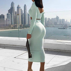 Miya Long Sleeve Crop Top & High Waist Midi Length Skirt Set