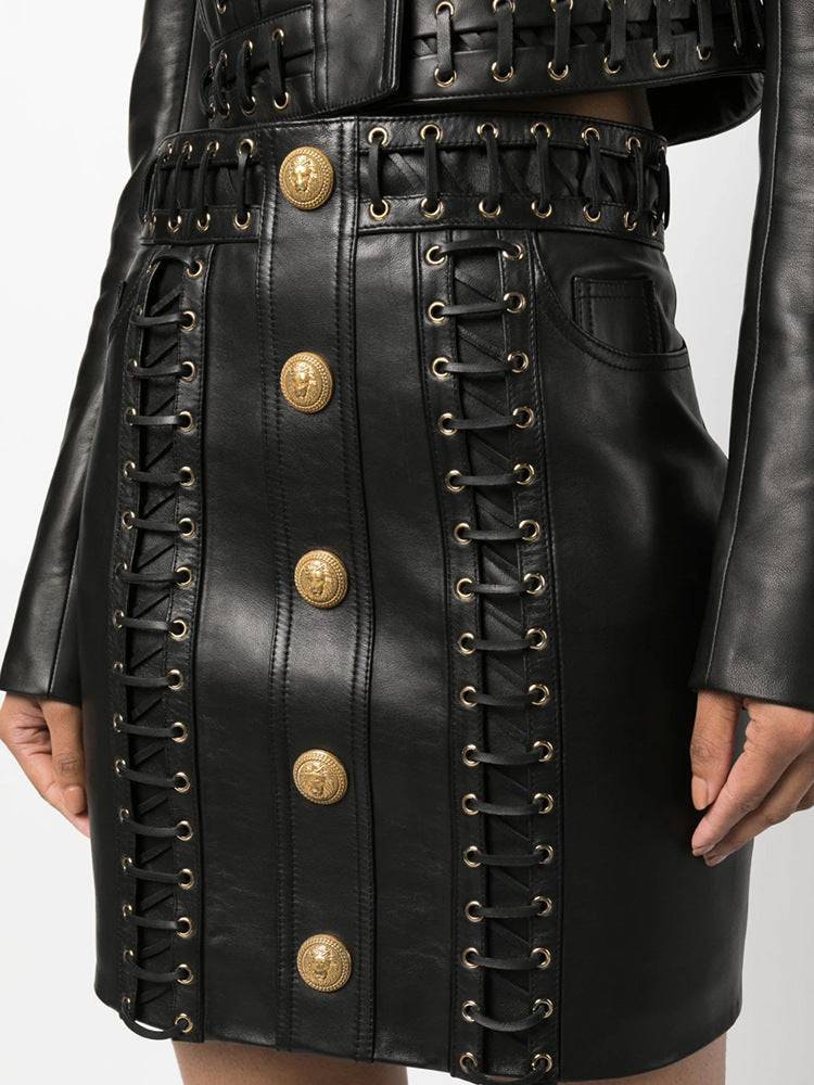 Lona Double Pocket Leather Jackett + Eyelet Embellished Buttoned Leather Mini Skirt Set