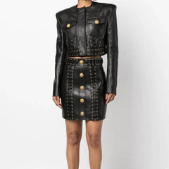 Lona Double Pocket Leather Jackett + Eyelet Embellished Buttoned Leather Mini Skirt Set