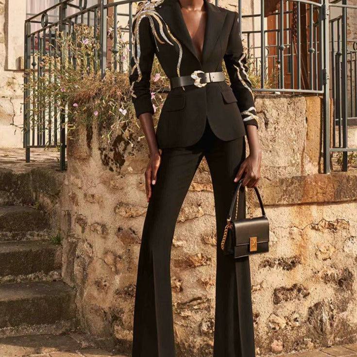Anya Rhinestone Embellished Top & Flared Pant Set