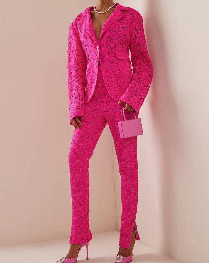 Veronica Single Button Blazer & High Rise Floral Lace Pants Set