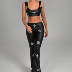 Paula Sleeveless Top & Flared Crystal Embellishment Pants Set