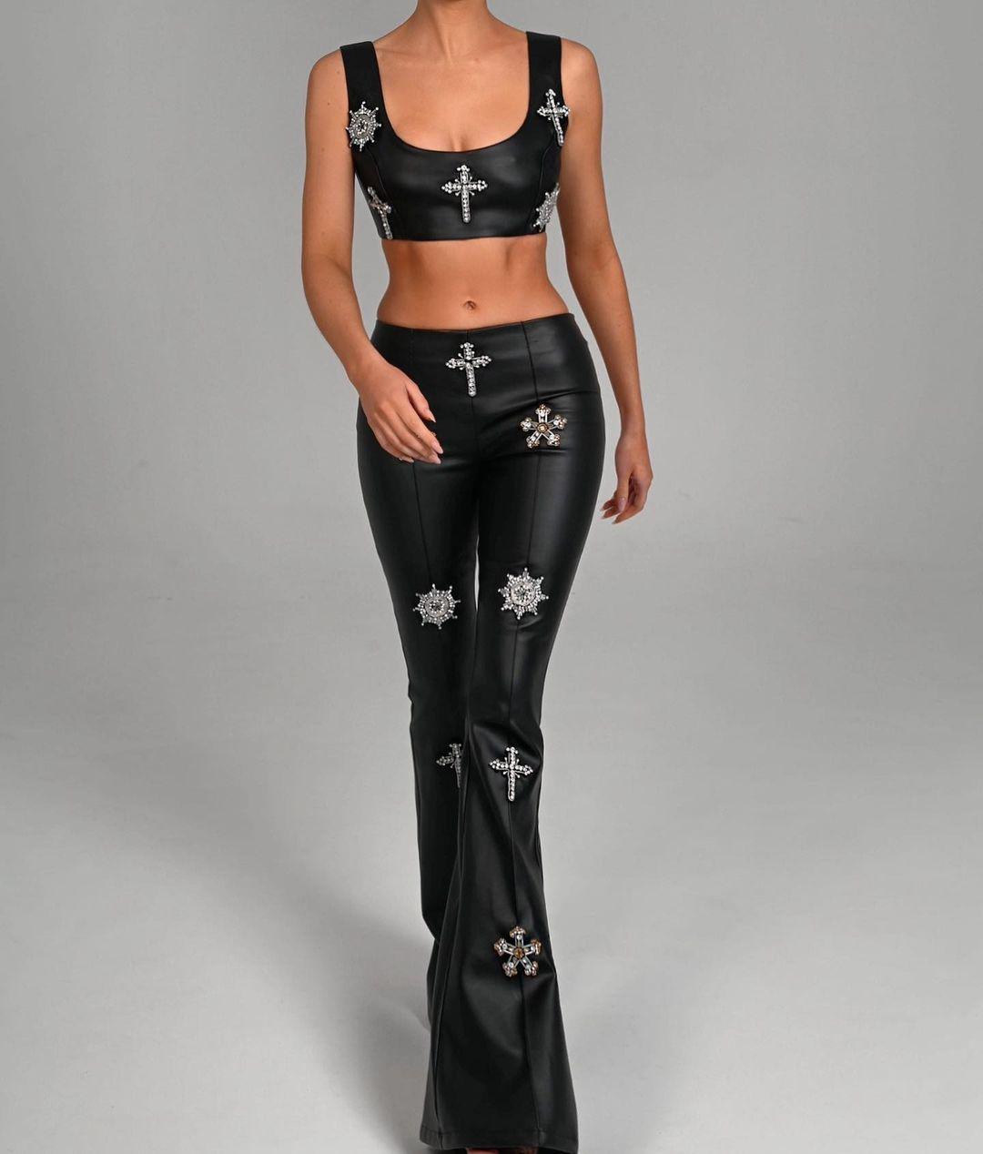 Paula Sleeveless Top & Flared Crystal Embellishment Pants Set