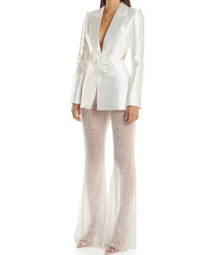 Velvet Pearl and Floral Embellished Top & See Through Pants Set
