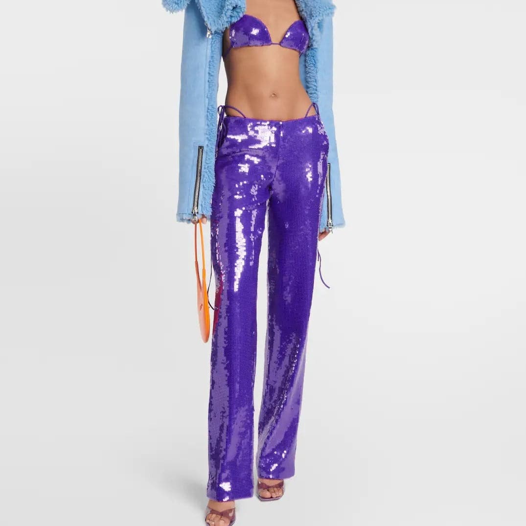 Piera Strapless Feather Crop Top & Sequins Pants Set