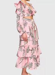 Brielle Allover Print V Neck Crop Top & Layered Hem Skirt Set