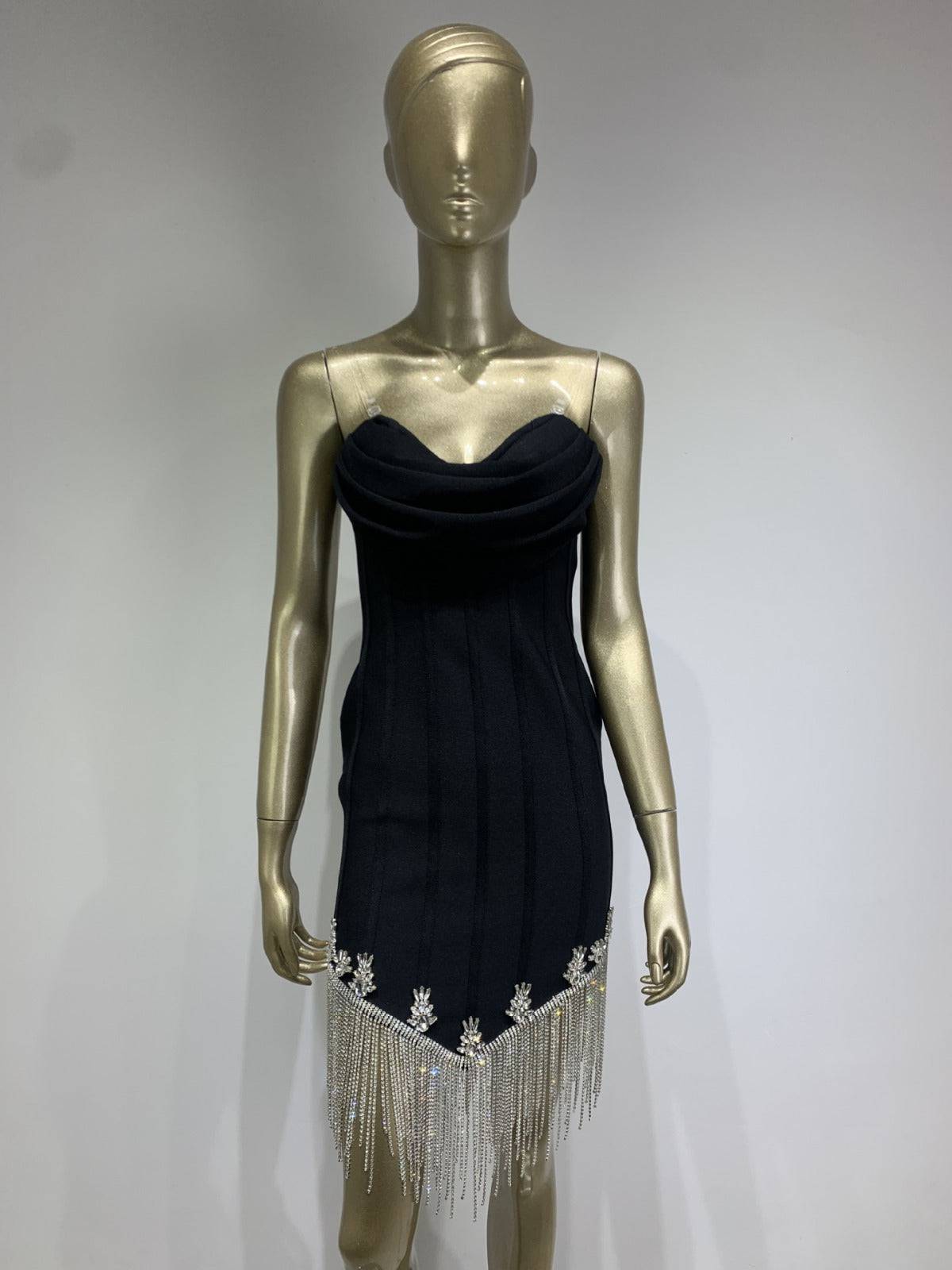 Tiffany Strapless Tassel Rhinestone Hem Dress