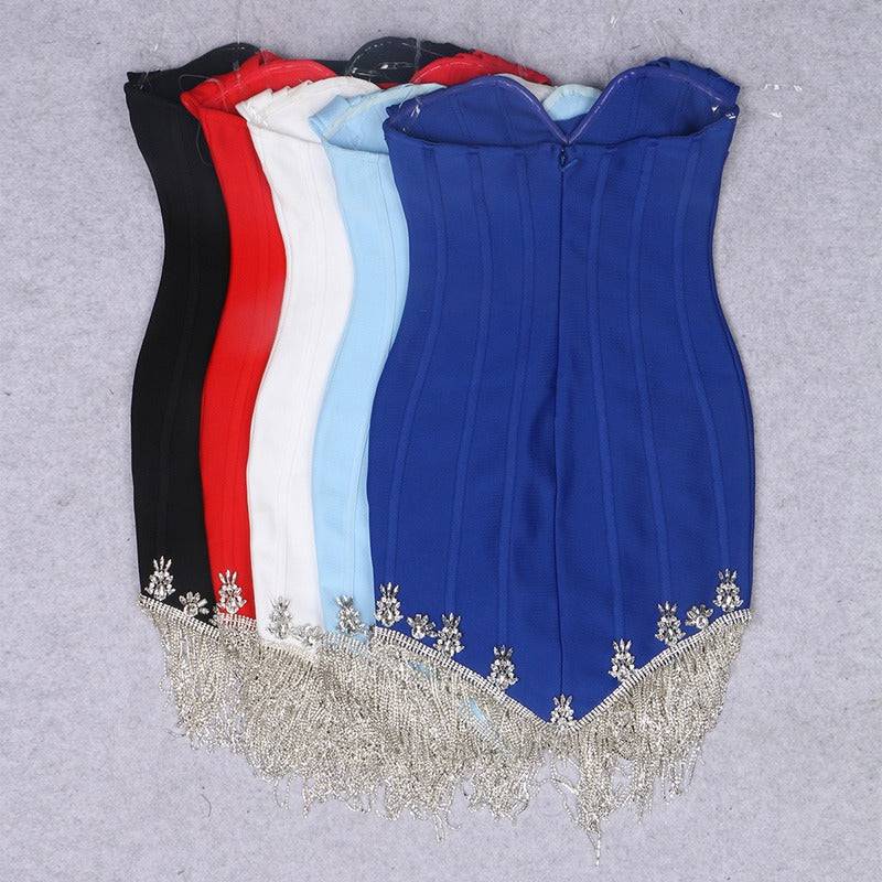 Tiffany Strapless Tassel Rhinestone Hem Dress