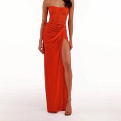 Beatrice Ruched Slit Bandeau Maxi Dress