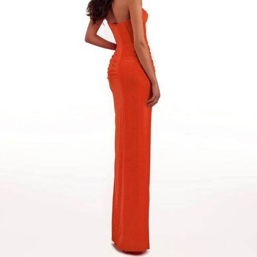 Beatrice Ruched Slit Bandeau Maxi Dress