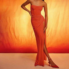 Beatrice Ruched Slit Bandeau Maxi Dress