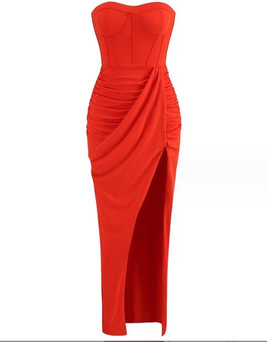 Beatrice Ruched Slit Bandeau Maxi Dress