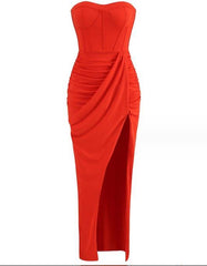 Beatrice Ruched Slit Bandeau Maxi Dress