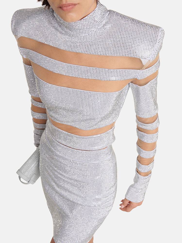Catherine Mesh-paneled Embellished Top, Skirt Set