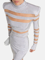 Catherine Mesh-paneled Embellished Top, Skirt Set