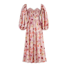 Edith Floral Puff Sleeve Square Collar Backless Maxi Dress