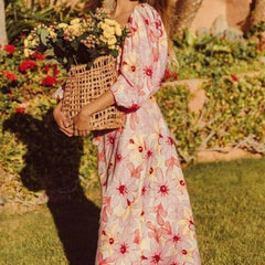 Edith Floral Puff Sleeve Square Collar Backless Maxi Dress