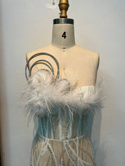 Esther Feathered Strapless Pearl Sequined Gown