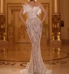 Esther Feathered Strapless Pearl Sequined Gown