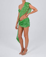 Evangeline Sequin Drape Mesh Mini Dress