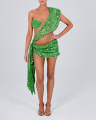 Evangeline Sequin Drape Mesh Mini Dress