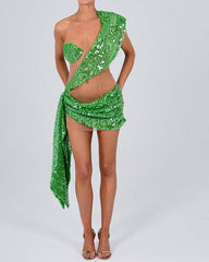 Evangeline Sequin Drape Mesh Mini Dress